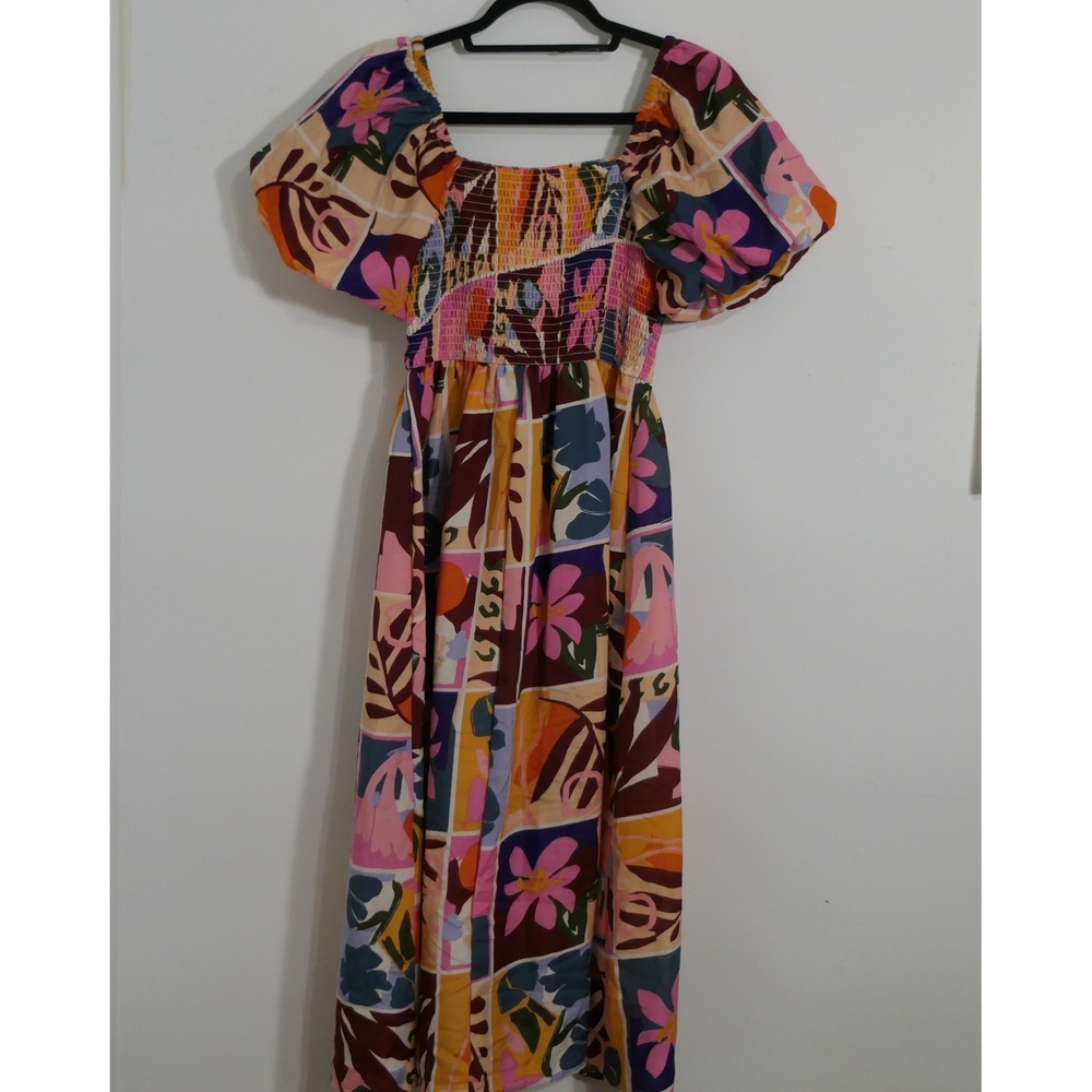 Girl Soul Womens Dress M Multicolor Puff Sleeve‎ Smocked Midi Boho Cottagecore